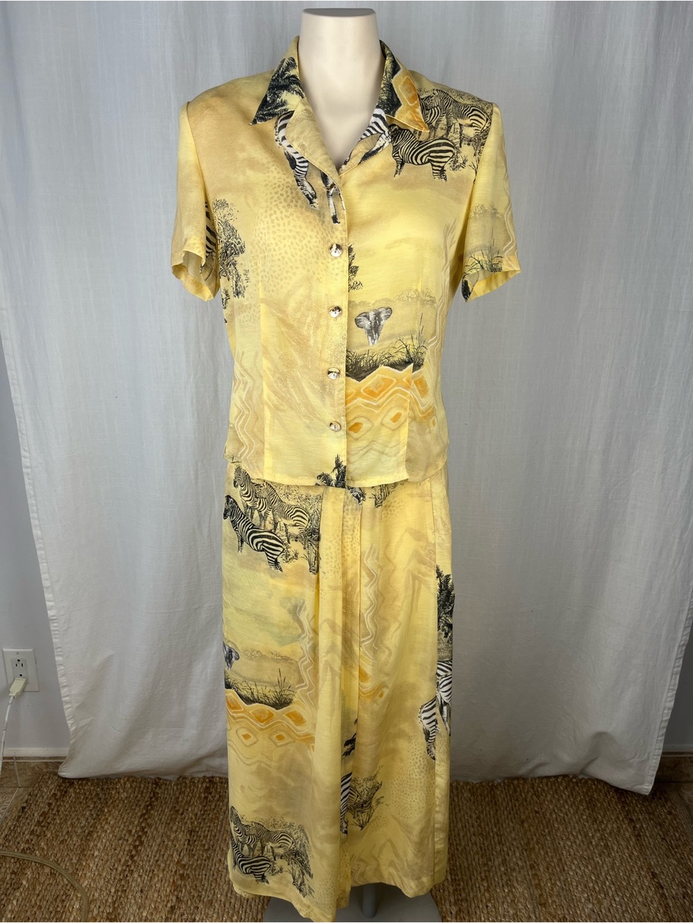 Vintage Simon Chang Yellow safari zebra print 2-piece skirt set 8